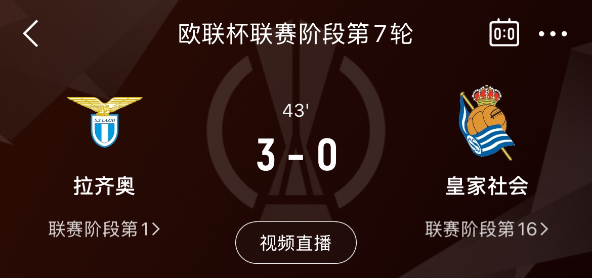 强！拉齐奥34分钟3-0领先皇家社会，取胜即可提前晋级欧联16强